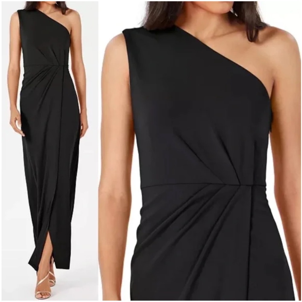 CALVIN KLEIN Gown Elegant Black One-Shoulder Dress